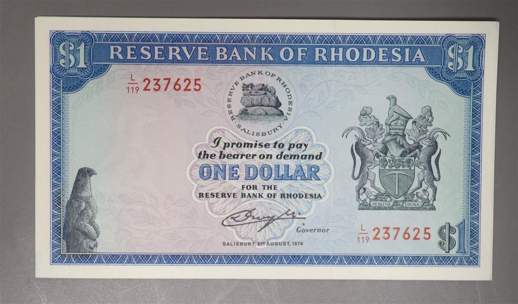 Reserve Bank of Rhodesia, ten $1 dollar banknotes, consecutive serial numbers L/119- 2nd August 1979 (10) all UNC